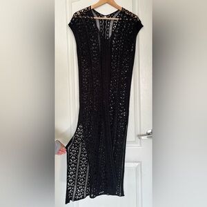 Black Crochet Maxi Dress Sleeveless Hollow Out Knit, S Whimsigoth Beach Cover Up